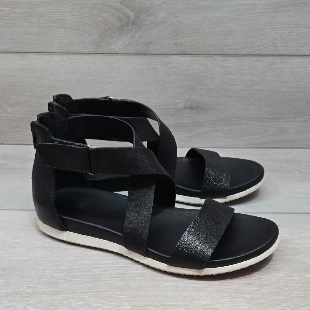 Sofft Women's Ankle Leather Back Zip Black Sandals Shoes Flats Sz 7M